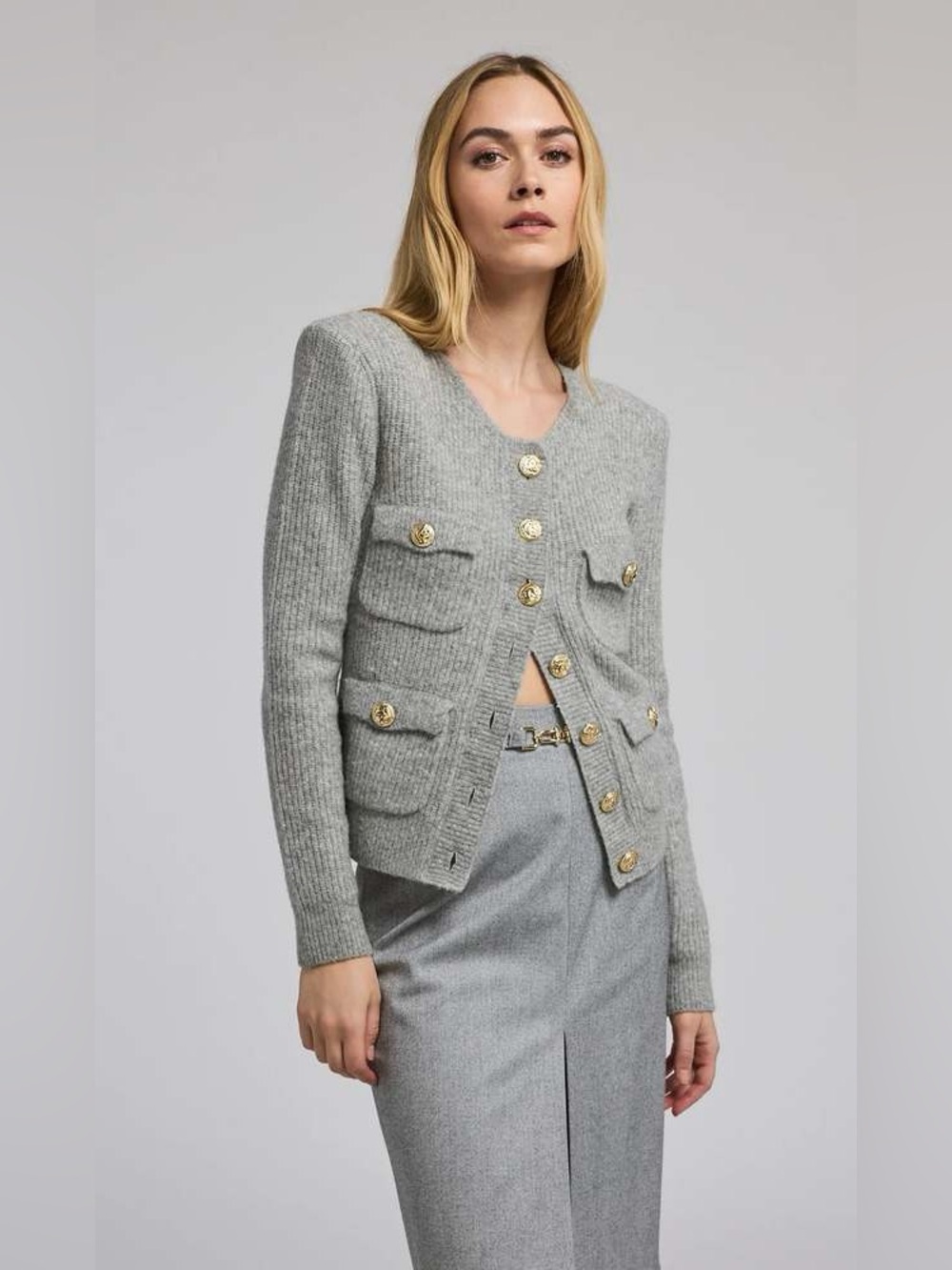 Generation Love Ellison Wool Yak Cardigan Gray Gold Buttons Size M NWOT